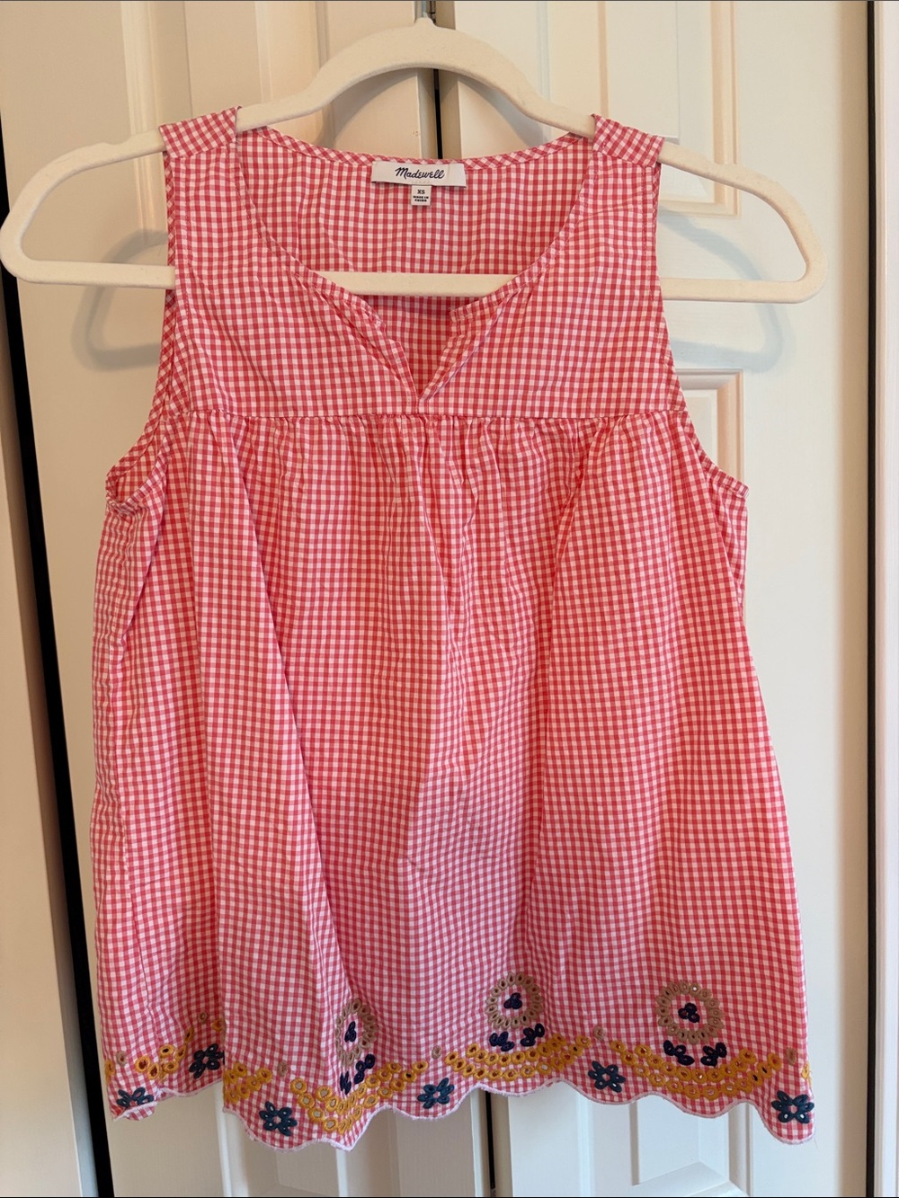 Madewell Gingham Top Embroidered Tank Size XS Red Plaid Floral Boho Festival